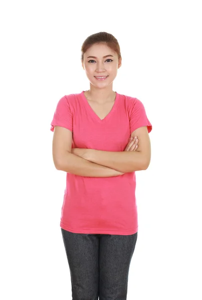 Woman with arms crossed, wearing t-shirt — Stock Photo, Image