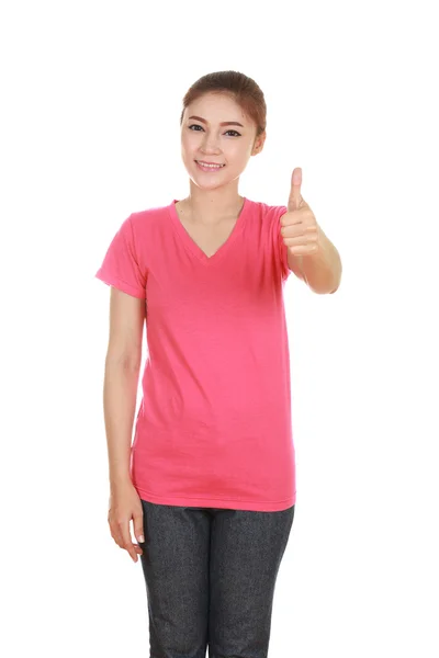 Mujer en camiseta en blanco con pulgares arriba —  Fotos de Stock