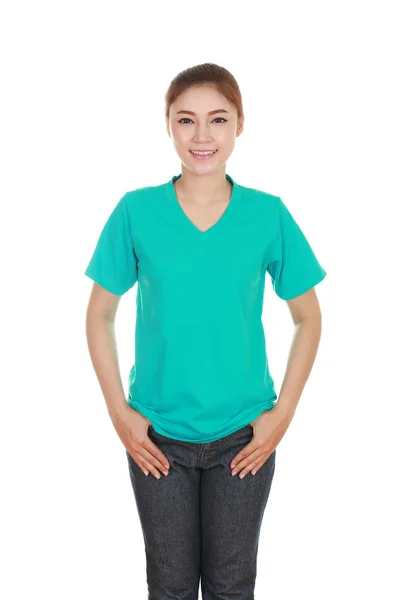 Young beautiful female with blank t-shirt — Stock Photo, Image