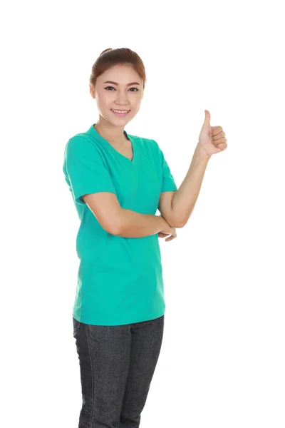 Kvinna i blank t-shirt med tummen upp — Stockfoto