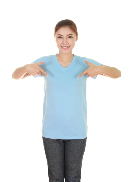 Young beautiful female with blank t-shirt — Stock Photo, Image