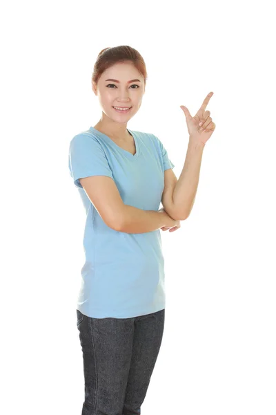 Mujer piensa en la idea con camiseta —  Fotos de Stock