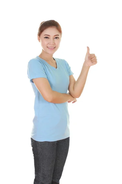 Mujer en camiseta en blanco con pulgares arriba —  Fotos de Stock