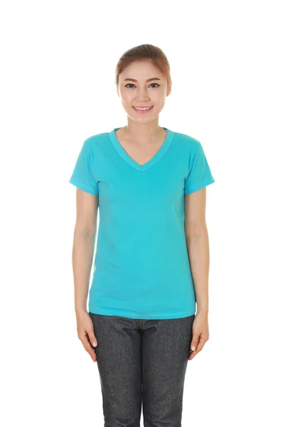 Young beautiful female with blank t-shirt — Stock Photo, Image