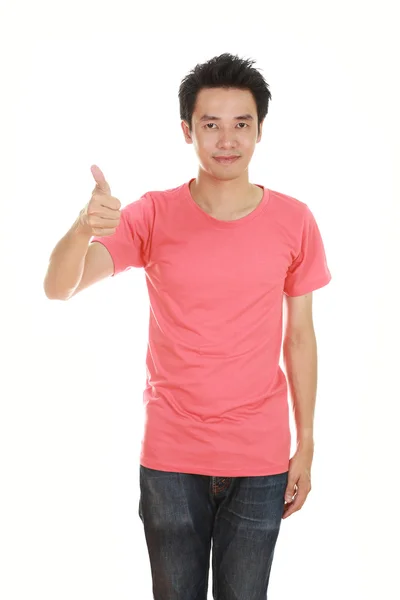 Man in blank t-shirt with thumbs up — Stock Photo, Image