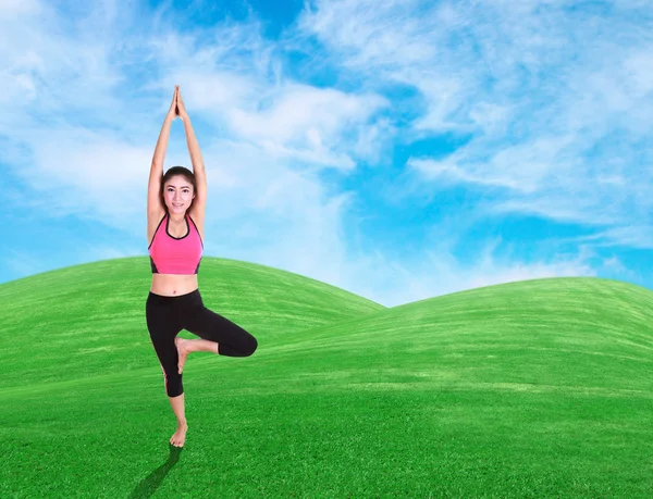 Mulher fazendo exercício de ioga na grama com o céu — Fotografia de Stock