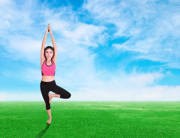 Mulher fazendo exercício de ioga na grama com o céu — Fotografia de Stock