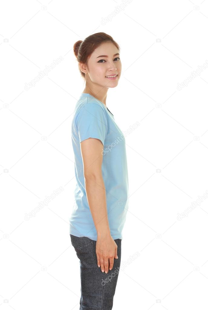 young beautiful female with t-shirt (side view)