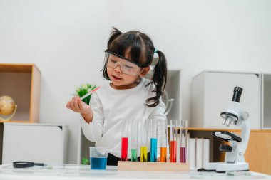 toddler girl scientist study using pipette dropping liquid with test tube and beaker. learning science