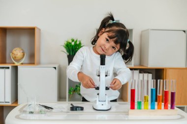 toddler girl scientist placing microscope slides with specimen. learning science at home