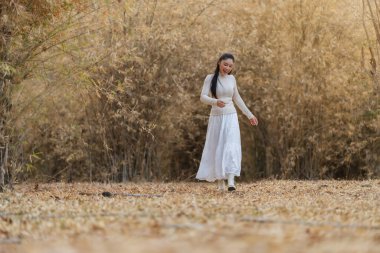 Kuru bir ormanda yürüyen bir kadının portresi, altın ormanlık