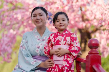 Yukata (kimono elbisesi) giymiş kadın ve kız kırmızı köprüde sakura çiçeğiyle ya da bahçede açan kiraz çiçeğiyle