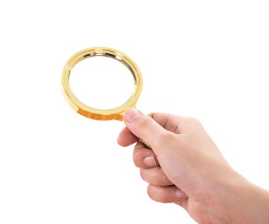 Büyüteç bir pirinç Glas tutan el