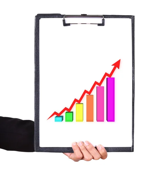 Business hand holding a clipboard with business graph — Stock Photo, Image