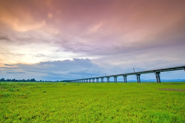 Brug van spoorlijn Kruis gras veld weide — Stockfoto