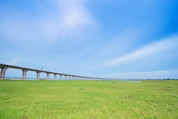 Bridge of railway cross grass field meadow — Stock Photo, Image