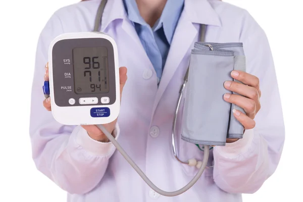 Close-up hearth beat monitor and blood pressure with female doct — Stock Photo, Image