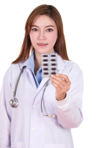 Tabletten hautnah mit Ärztin — Stockfoto