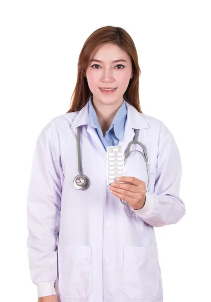 Ženský lékař s prášky — Stock fotografie