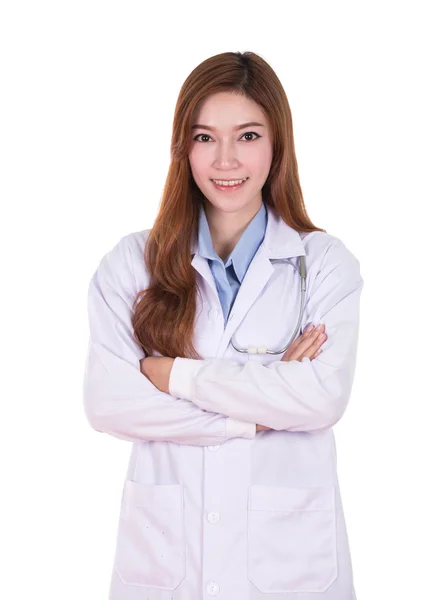 Vrouwelijke arts lachend met gekruiste armen — Stockfoto