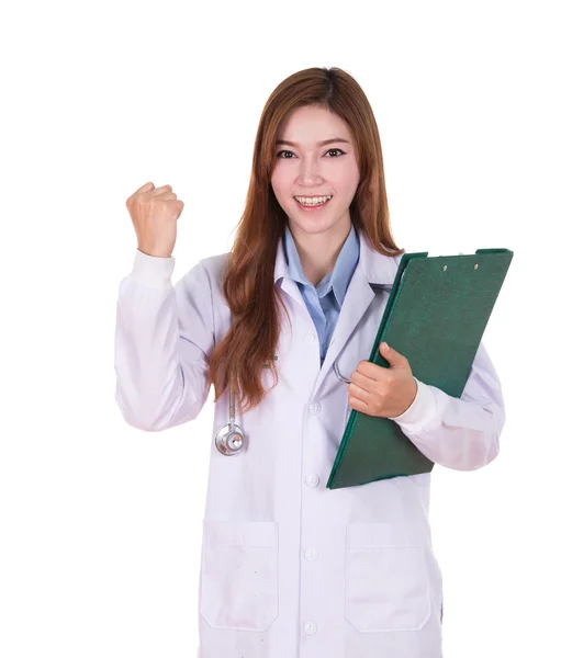 Female doctor with medical report on white background — Stock Photo, Image