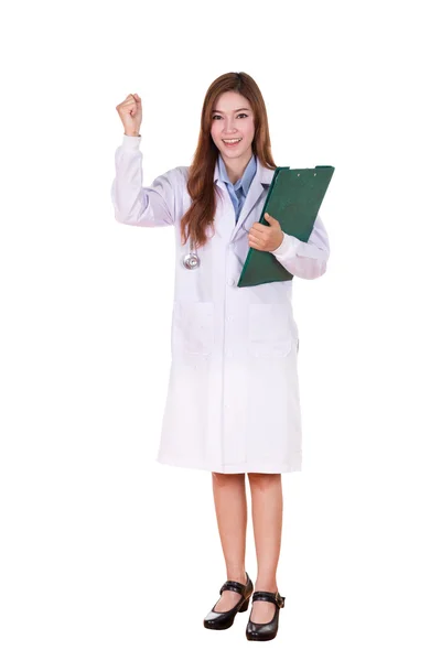 Female doctor with medical report on white background — Stock Photo, Image