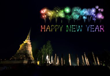 Mutlu yeni yıl havai fişek kutlama Sukhothai tarihsel p üzerinden