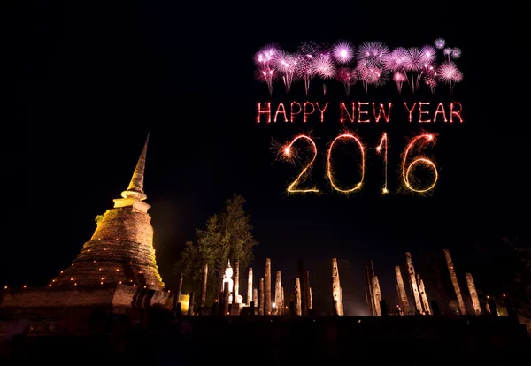 2016 Feliz Año Nuevo Fuegos artificiales celebrando sobre Sukhothai histori —  Fotos de Stock