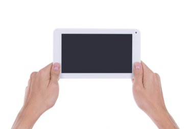 küçük tablet bilgisayar boş perde ile el