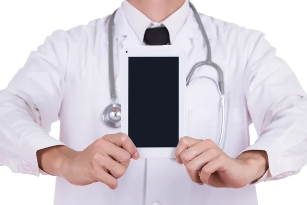 Nahaufnahme Arzt zeigt Tablet-Computer leeren Bildschirm — Stockfoto