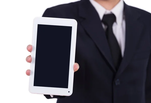 Geschäftsmann hält einen kleinen Tablet-Touchcomputer in der Hand — Stockfoto
