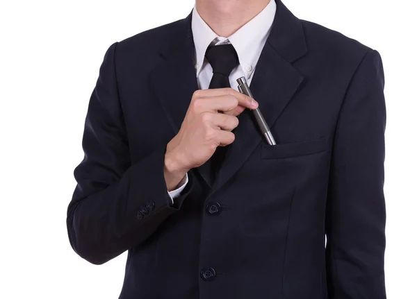 Empresário pegando uma caneta do bolso — Fotografia de Stock