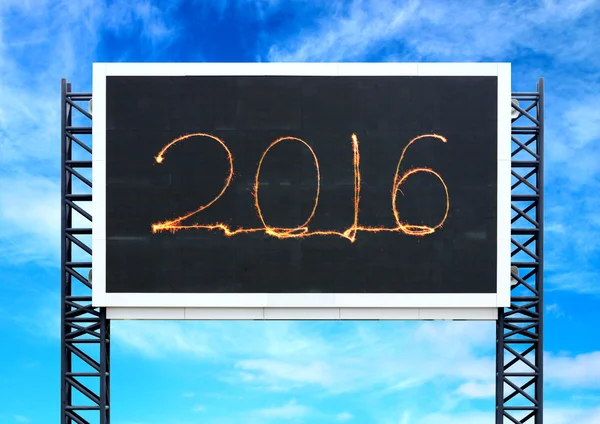 2016 Feliz año nuevo fuegos artificiales en el letrero grande — Foto de Stock