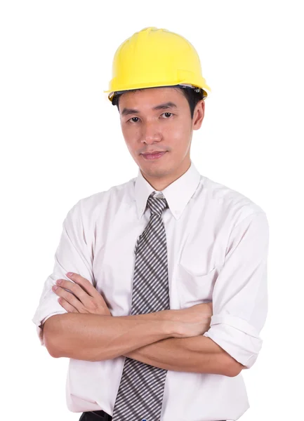 Engineer in yellow helmet with arms crossed — Stock Photo, Image