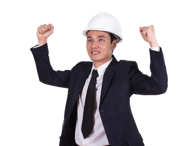 Glücklicher junger Ingenieur feiert mit erhobenem Arm, Konzept des Suc — Stockfoto