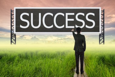 business man standing on wood bridge between rice field and poin