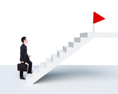 Business man stepping up on stairs to red flag (business success