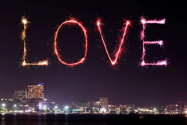 Love sparkle Fireworks celebrating Pattaya beach at night — Stock Photo, Image
