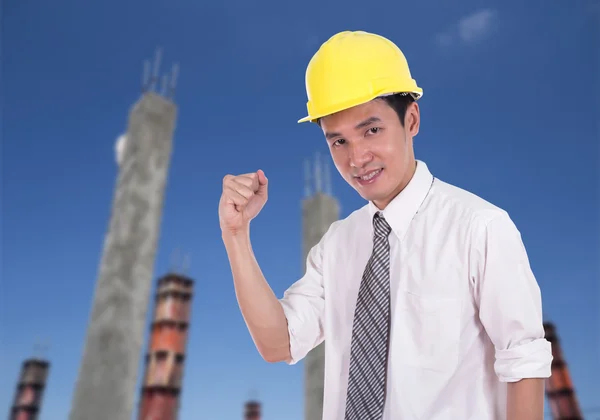 Happy engineer with arm raised, concept of successful, construct — Stock Photo, Image