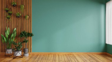 Bitkilerle dekore edilmiş oturma odasında güzel yeşil duvarlar var.