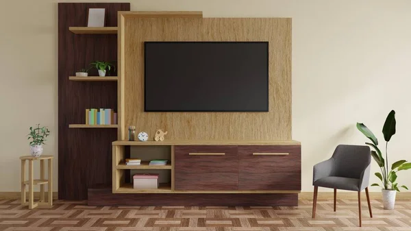 Televizyon masası ve güzel bitkilerle dekore edilmiş modern TV odası.