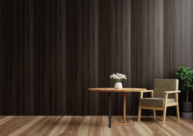 Oturma odasının yanında güzel, koyu ahşap duvarlar, masa, koltuk ve ağaçlar var.