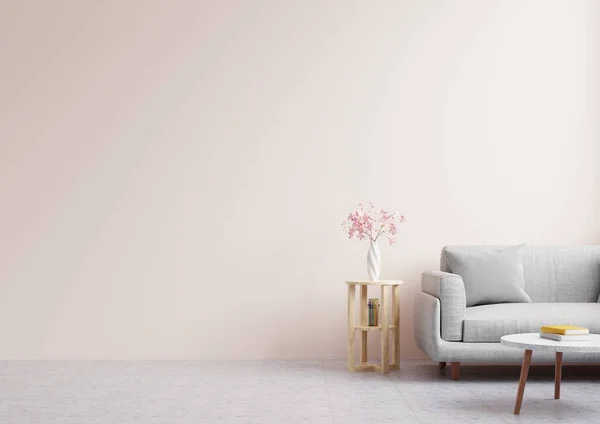 Living room with empty pink walls, decorated with beautiful flowers and sofas.3d rendering