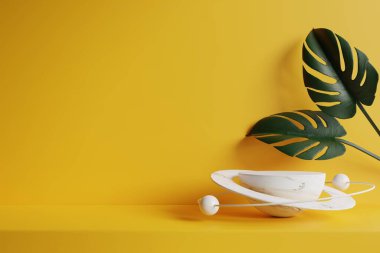 Yuvarlak mermer podyum yaprakları ile güzel koyu sarı arka plan 33d görüntüsü