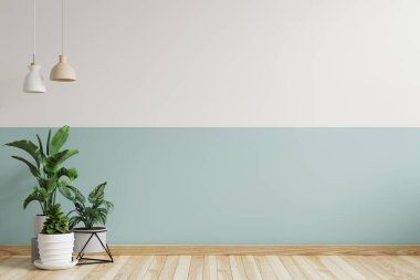 Beyaz ve yeşil duvarlı boş bir oda. Yan tarafta asılı bir lamba var. Yerde bir saksı var.