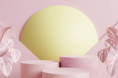 Yanlarında pembe yapraklarla süslenmiş pembe halka podyum ve pembe arka planda sarı daireler.