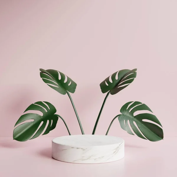 Marble circle podium with green leaves in the background and pink background.3d rendering