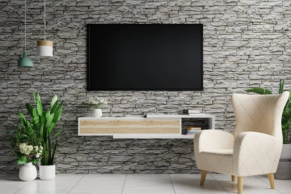 Gray Brick Wall Modern Living Room Has Hanging Lamp Side — Stock Photo, Image