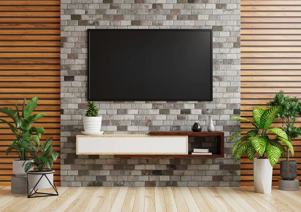 Brick Wall Living Room Has Vase Placed Cabinet Decorated Plant — Stock Photo, Image