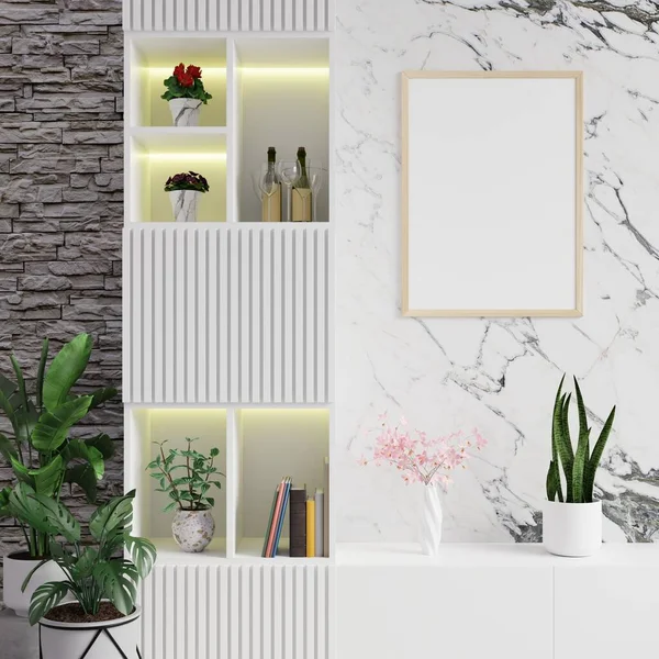Picture Frame Marble Cabinet Living Room Decorated Plants Glass Books Stock Image